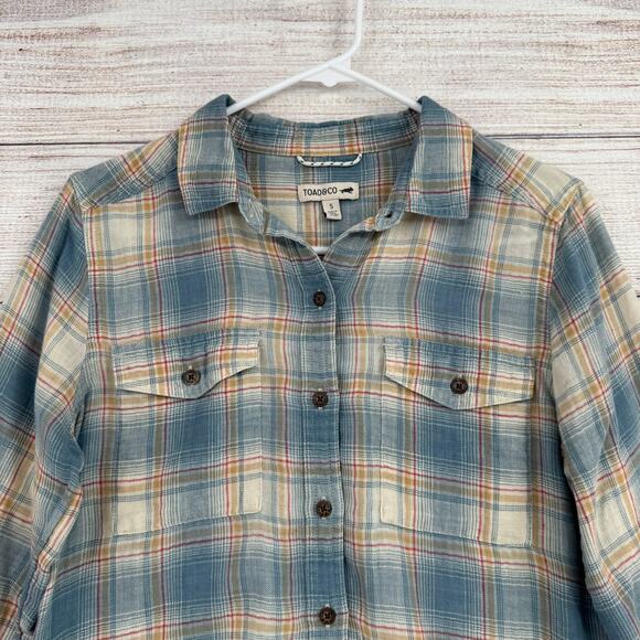 Toad&Co Recycled Cotton Blend Plaid Button Down Shirt Womens Small Blue Tan Red - Picture 3 of 14